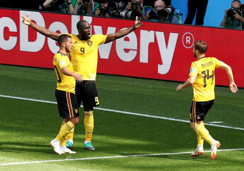 Mertens Hazard and Lukaku celebrating for Belgium