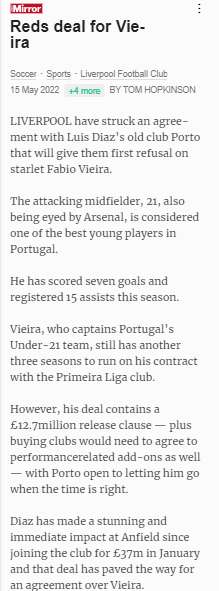 The Sunday Mirror - Vieira Liverpool