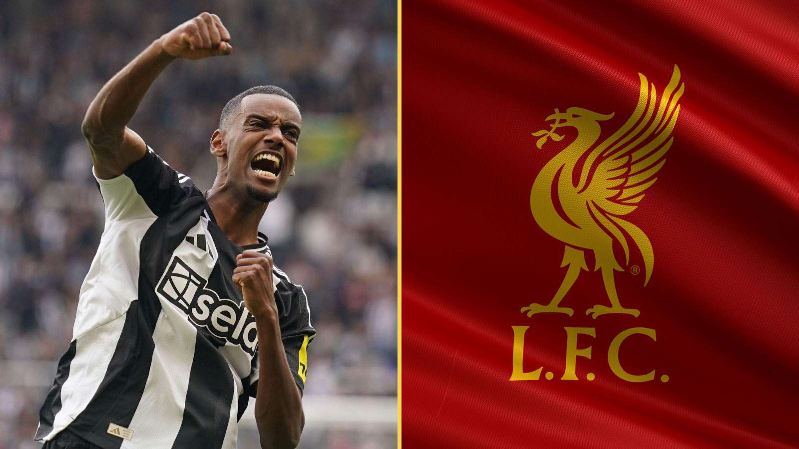Alexander Isak and Liverpool crest