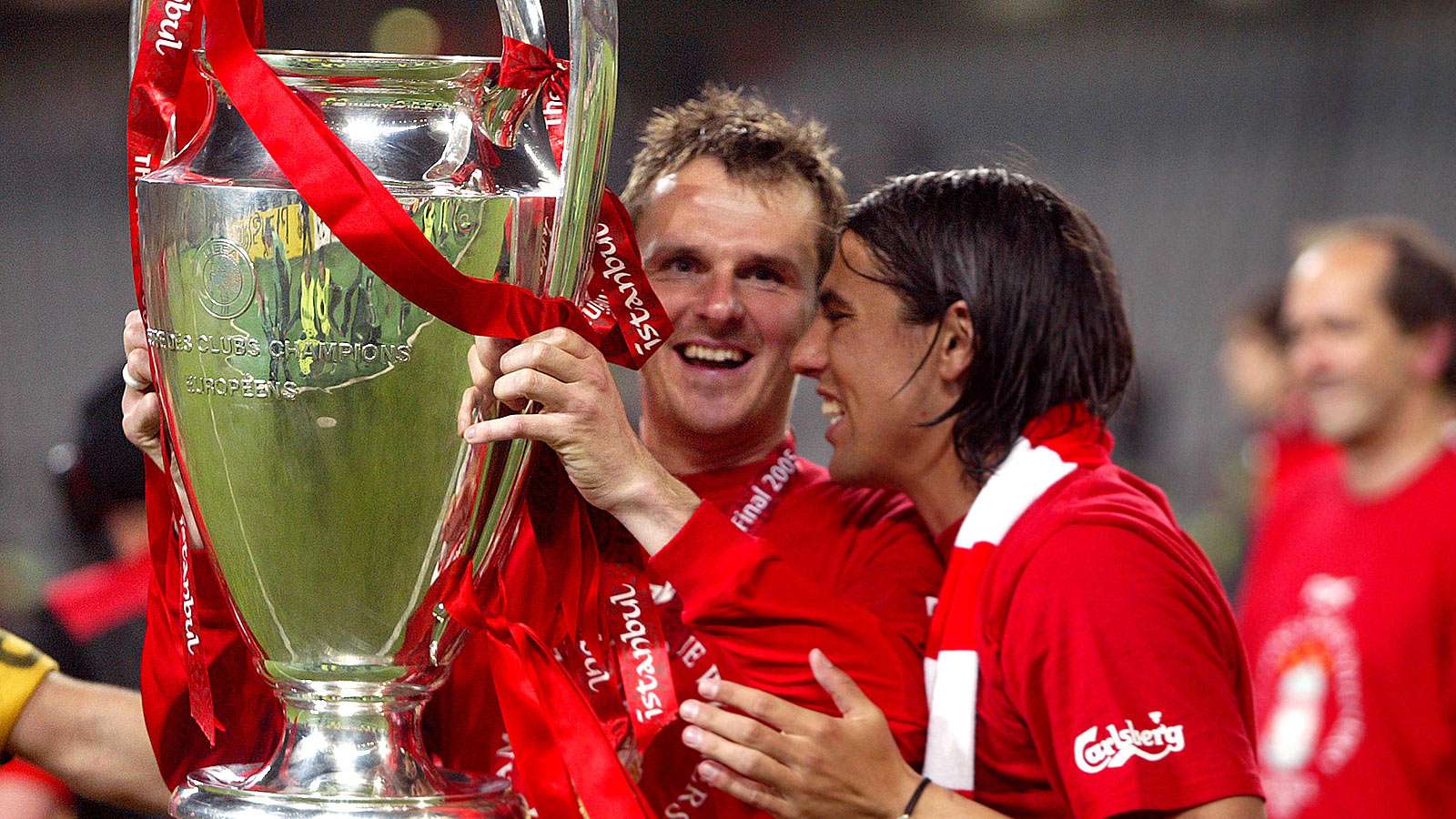 Dietmar Hamann celebrates with UEFA Champions League trophy, 2005