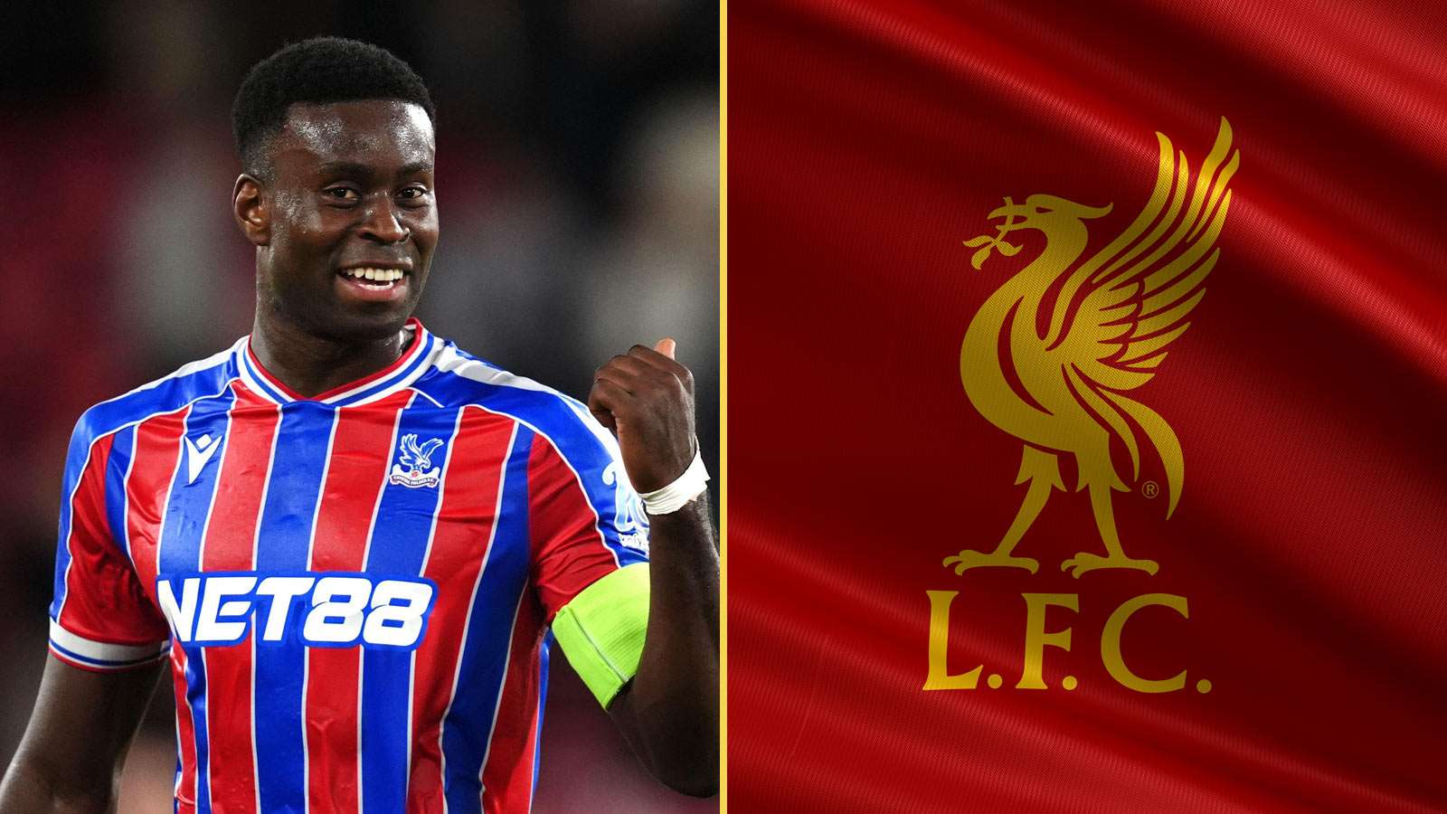 Marc Guehi and Liverpool FC crest